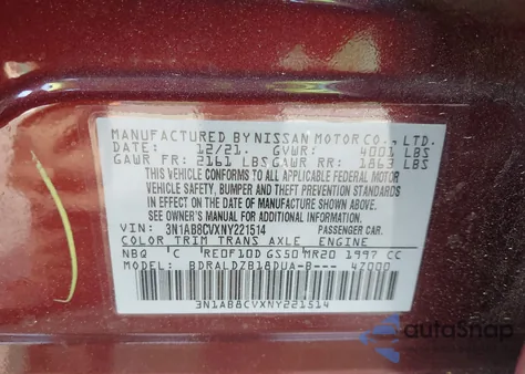 2022 Nissan Sentra Sv Xtronic Cvt z USA, uszkodzony, nr VIN 3N1AB8CVXNY221514